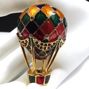 Vintage Enamel Hot Air Balloon Brooch with Rhinestones, Gold Tone, 2⅜”